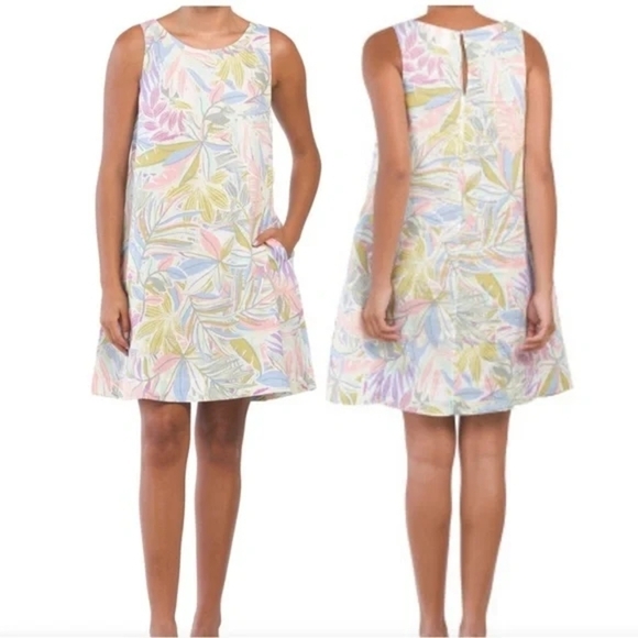 C&C California Dresses & Skirts - C&C 100% Linen Multicolor Tropical Pastel Sleeveless Trapeze Dress W/ Pockets